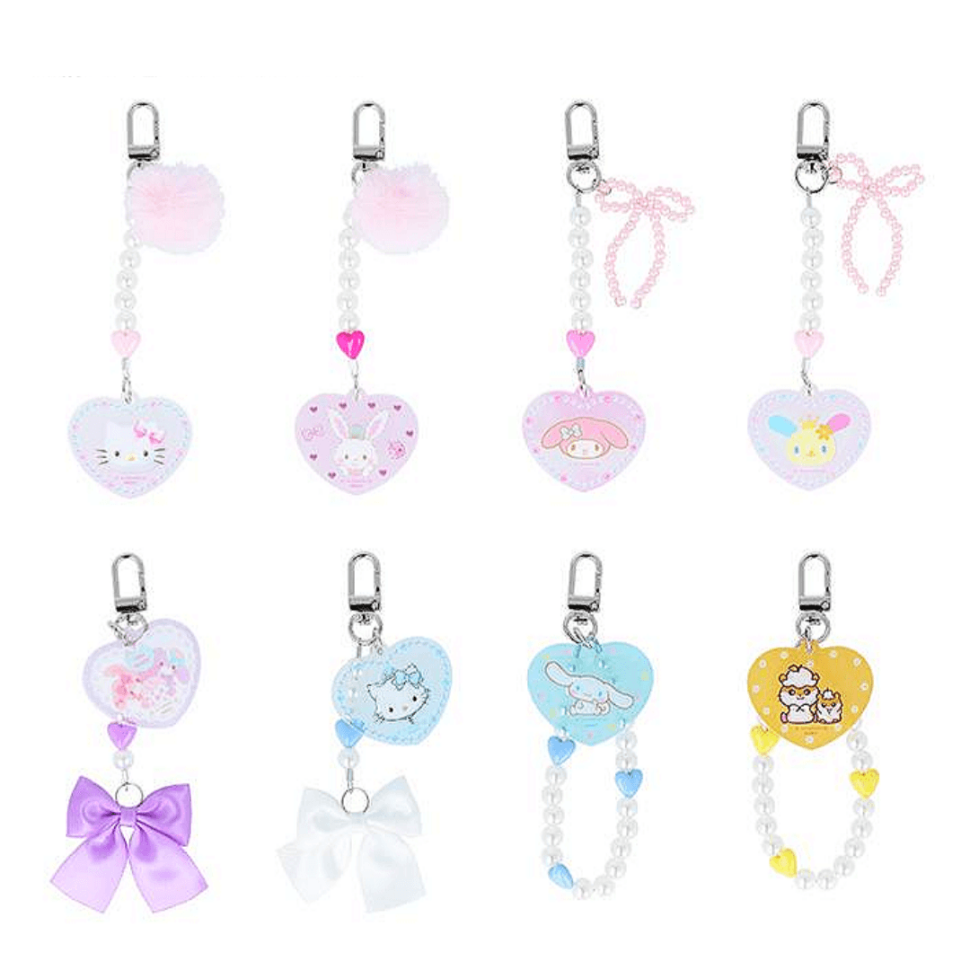 산리오 발레코어 시크릿 하트 키홀더 Y2K 비즈 리본 스트랩 참 키링